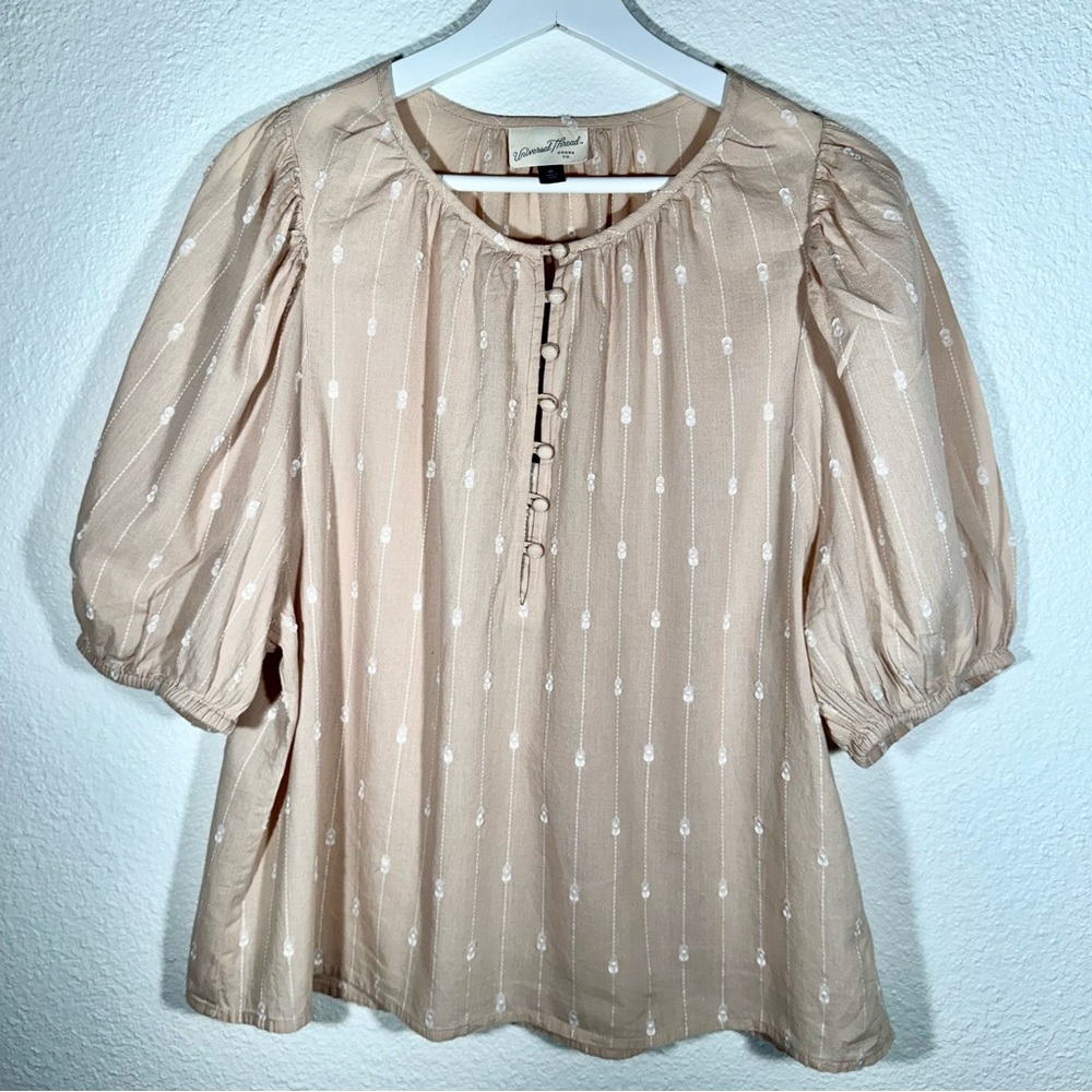 Universal Thread Puff Sleeve Top Beige with White Embroidery